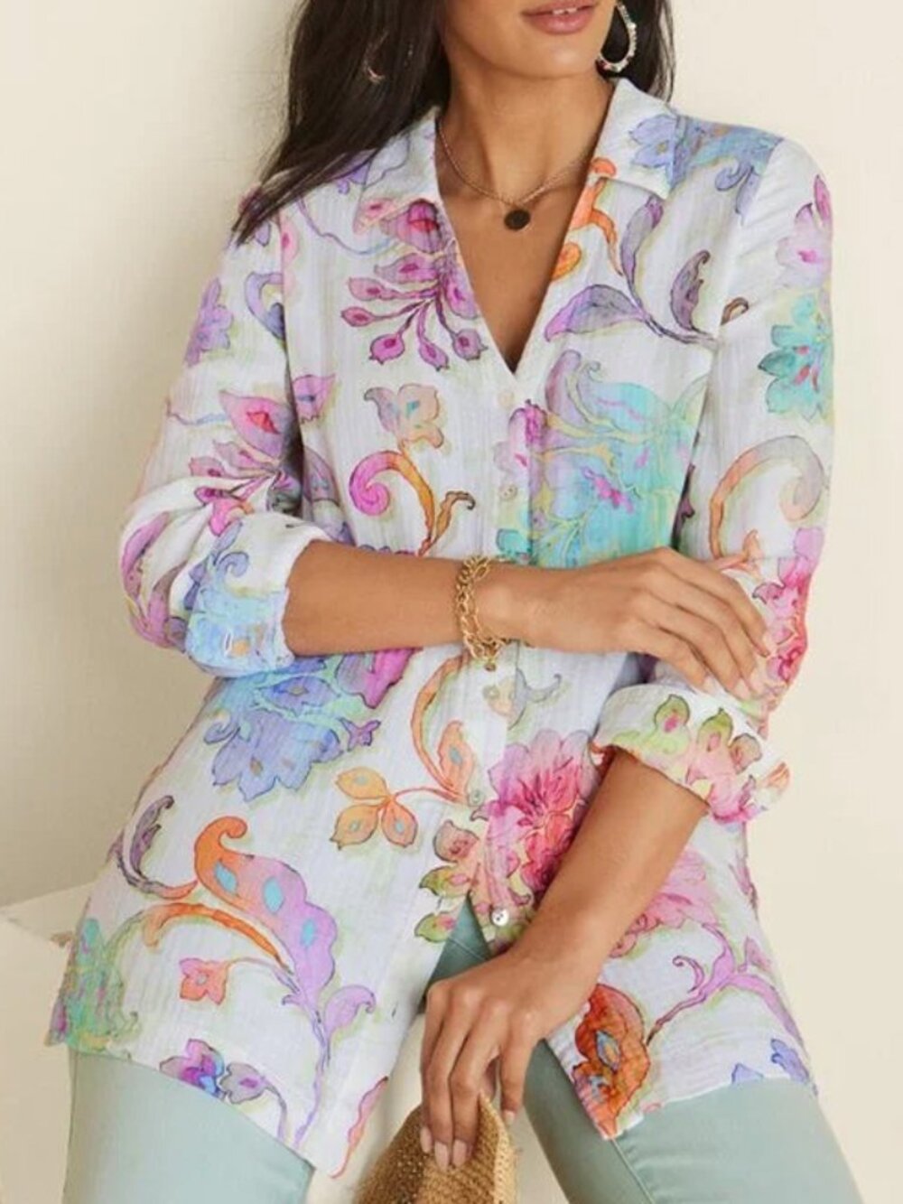 NEW Soft Surroundings Escambia Gauze Tunic Shirt 1X Multi Painterly Floral $110 - Picture 2 of 16